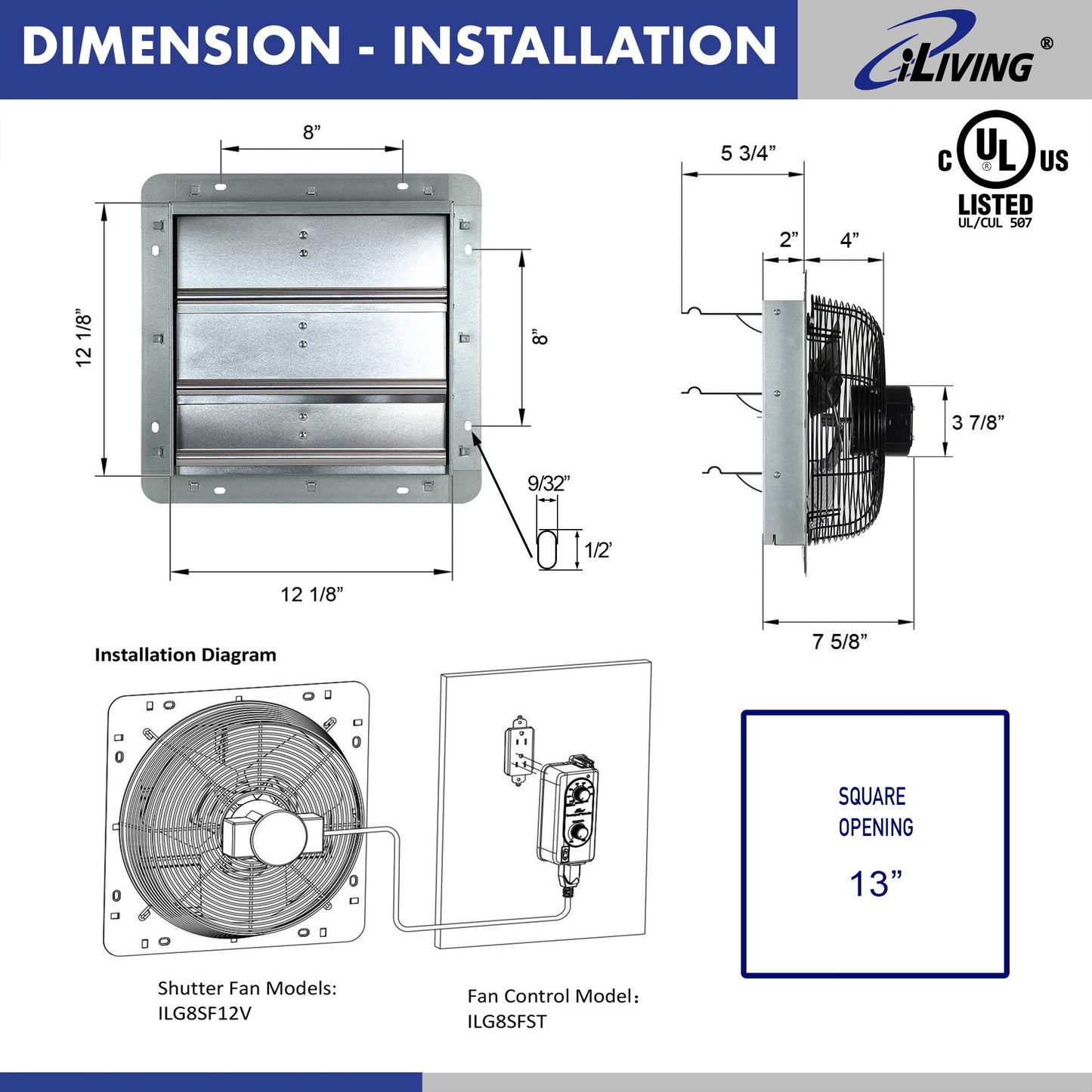 iLIVING 12" Wall Mounted Shutter Exhaust Fan, Automatic Shutter, with Thermostat and Variable Speed controller, 0.6A, 960 CFM, 1400 SQF Coverage Area Silver (ILG8SF12V-ST)