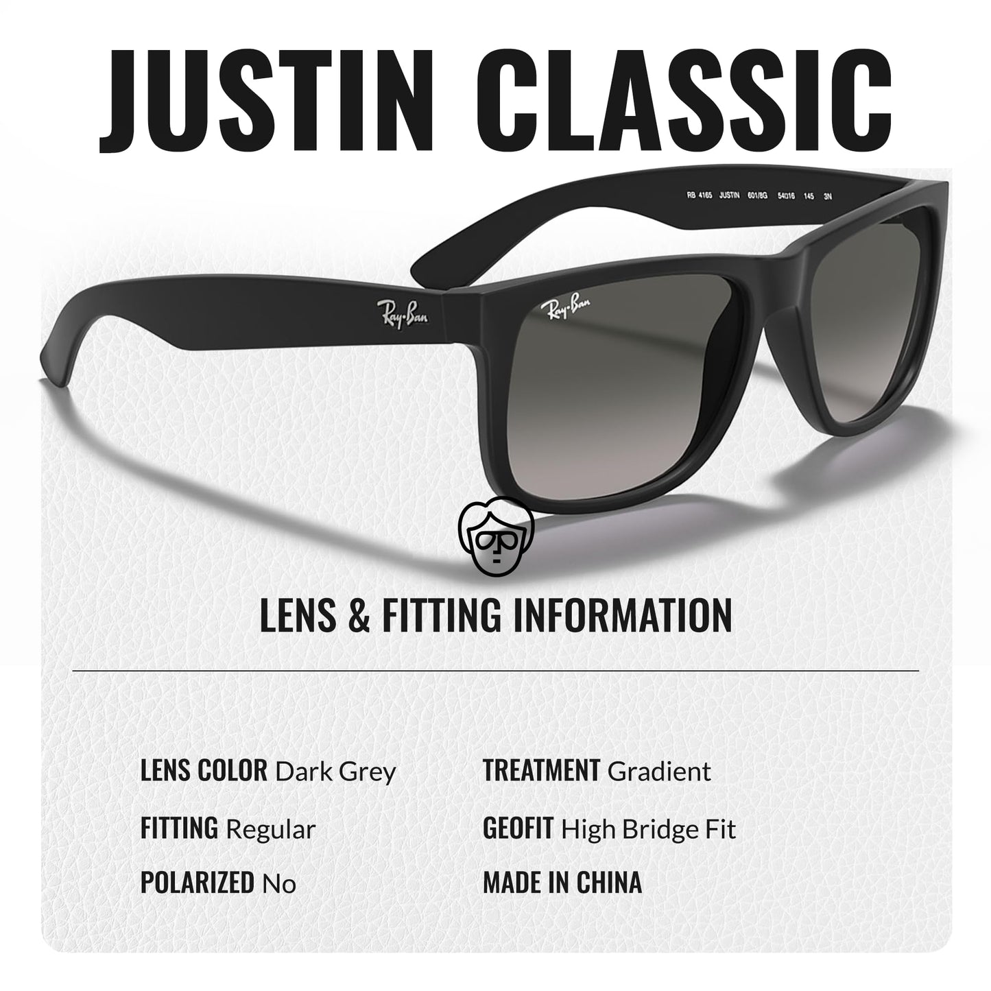 Ray-Ban RB4165 JUSTIN Classic Square Shape Sunglasses With Eyewear Kit Bundle - High Bridge Fit - Ideal Formal and Casual Wear Square Sunglasses