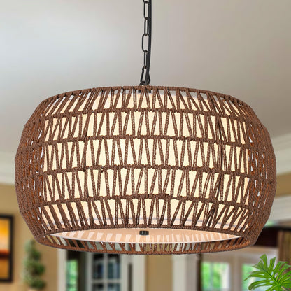 PAUFUL Rattan Farmhouse Chandelier Light Fixtures,5-Lights Boho Large Pendant Light,Woven Chandeliers for Dining Room with Fabric Shade,Rustic Hanging Light Fixtures for Kitchen Island-Dark Brown