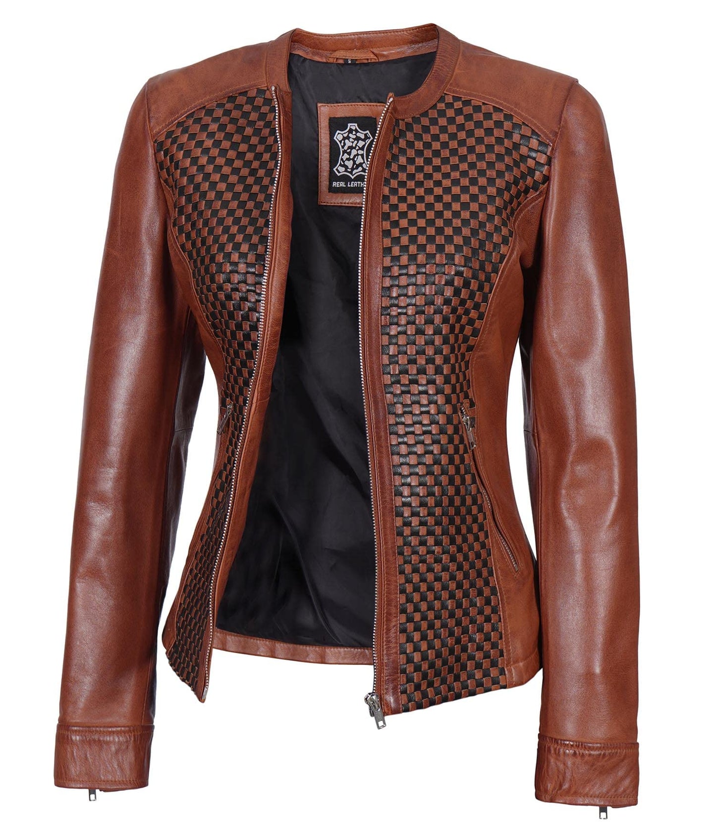 Blingsoul Womens Brown Leather Jacket With Black Textured Style - Cafe Racer Leather Jacket For Women | [1311534] Maude Brown, L