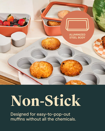 Caraway Non-Stick Ceramic 12-Cup Muffin Pan - Naturally Slick Ceramic Coating - Non-Toxic, PTFE & PFOA Free - Perfect for Cupcakes, Muffins, and More - Gray