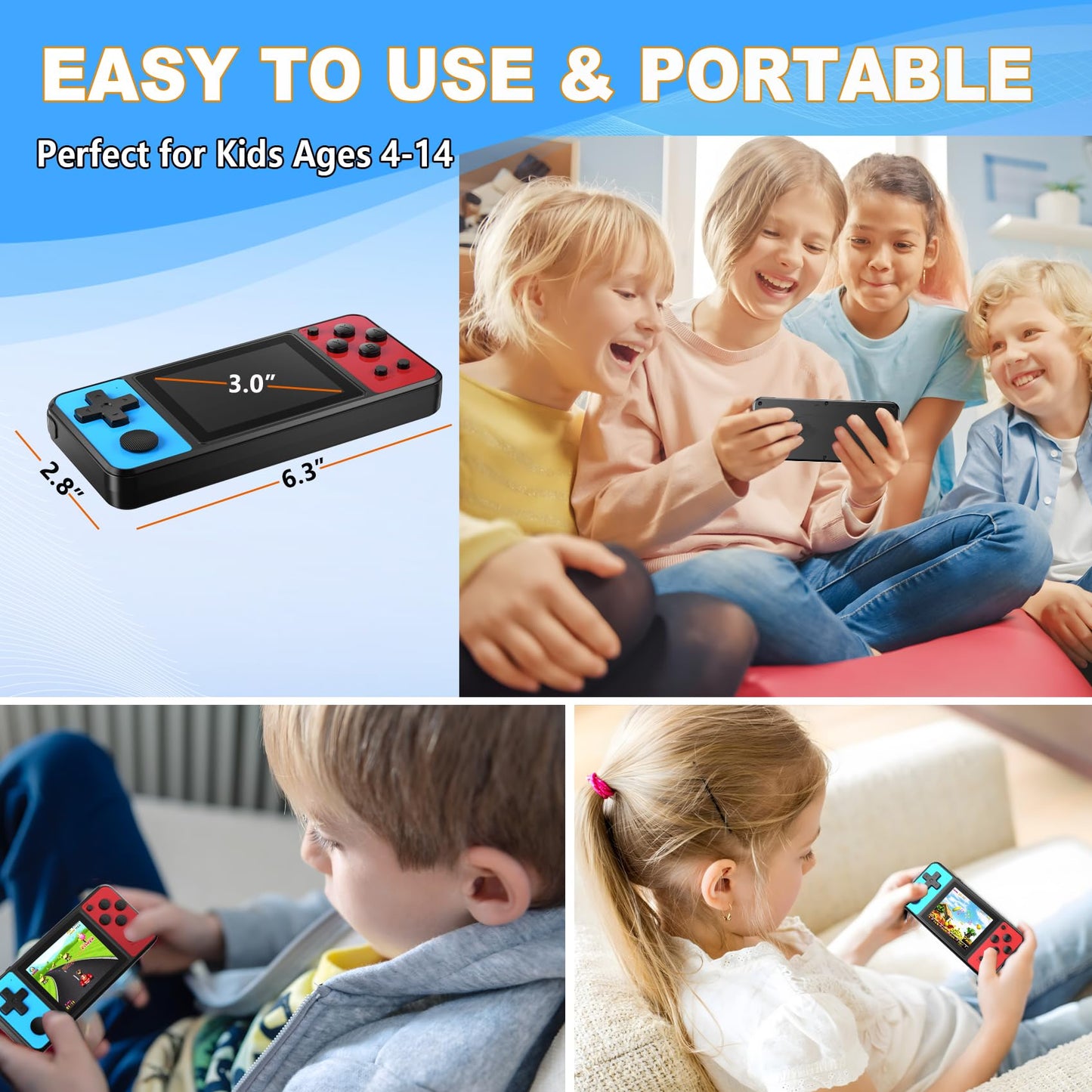 KAVOYI 32 Bit Handheld Games for Kids Built-in 139 Video Games,3.0" IPS Screen Rechargeable Portable Arcade Gaming Player,Electronic Toys for Boys Girls Birthday Xmas Gift Blue-Red