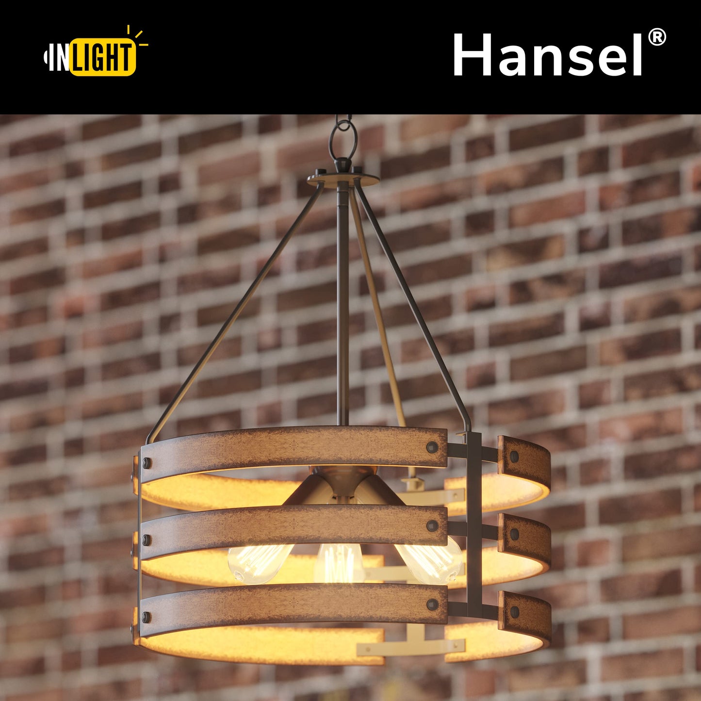 Inlight 18" Rustic and Industrial Design Farmhouse 3-Light Pendant for Kitchen Island, Textured Black and Faux Weathered Wood Finish, Metal Circular Hanging Chandelier for Foyer, IN-0335-3-WD