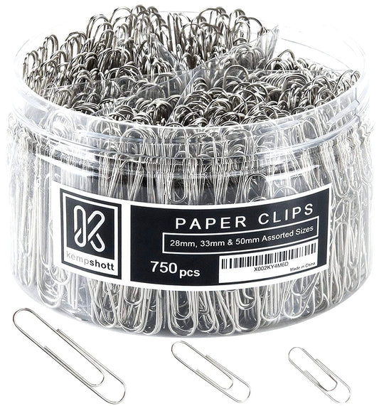 Kempshott 750 Paper Clips Assorted Sizes Small, Medium and Large Paper Clips for Paperwork Ideal for Home, School and Office Use (Assorted, Silver)