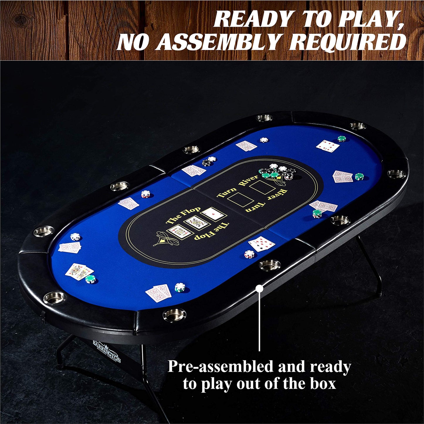 Barrington Billiards 10 Player Classic Poker Table with Padded Rails and Cup Holders, Black/Blue, 84 Inches