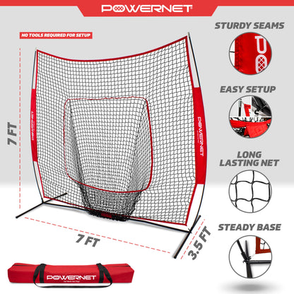 PowerNet Baseball Softball Practice Net 7x7 with Baseball Accessories for Practice Pitching & Batting, Ball Caddy, Weighted Baseballs, Tee (Red Net)