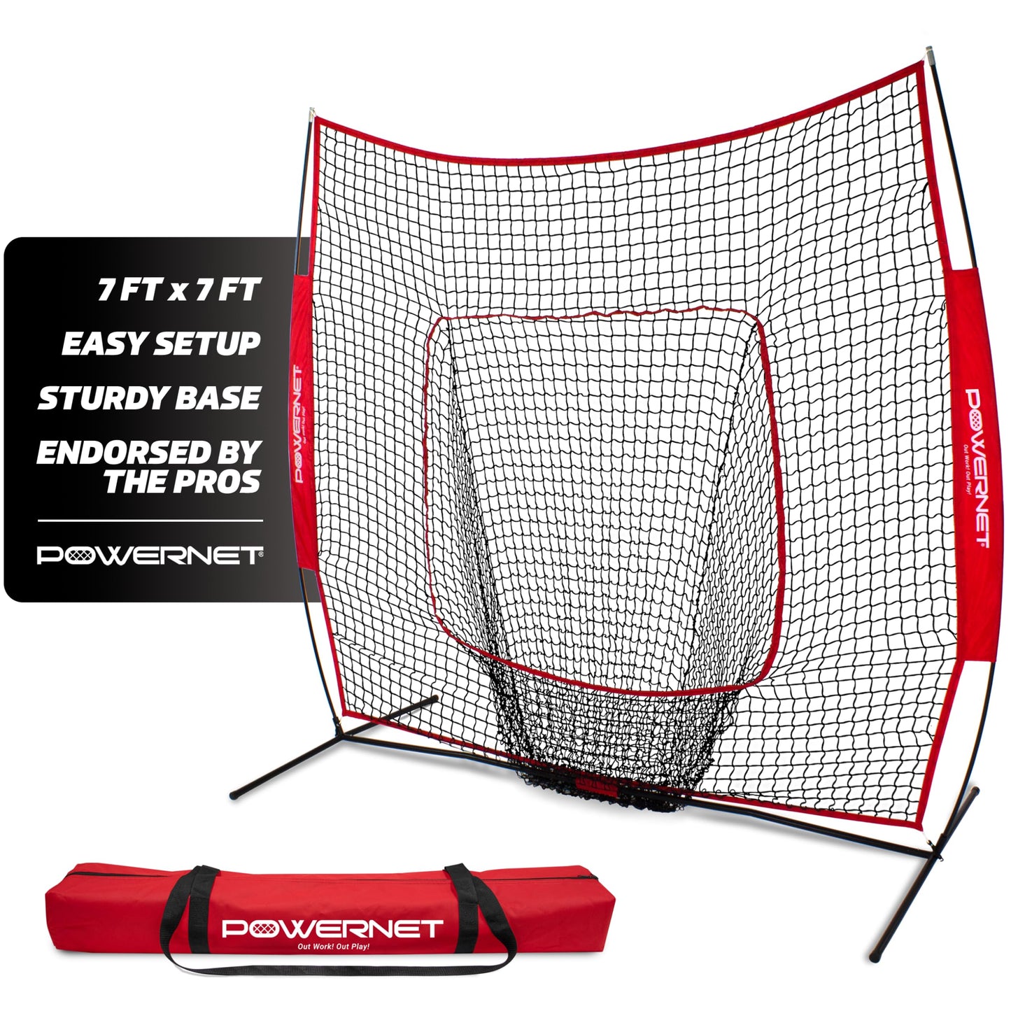 PowerNet Baseball Softball Practice Net 7x7 with Baseball Accessories for Practice Pitching & Batting, Ball Caddy, Weighted Baseballs, Tee (Red Net)