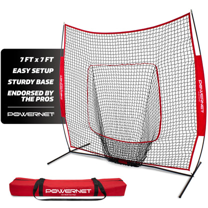 PowerNet Baseball Softball Practice Net 7x7 with Baseball Accessories for Practice Pitching & Batting, Ball Caddy, Weighted Baseballs, Tee (Red Net)