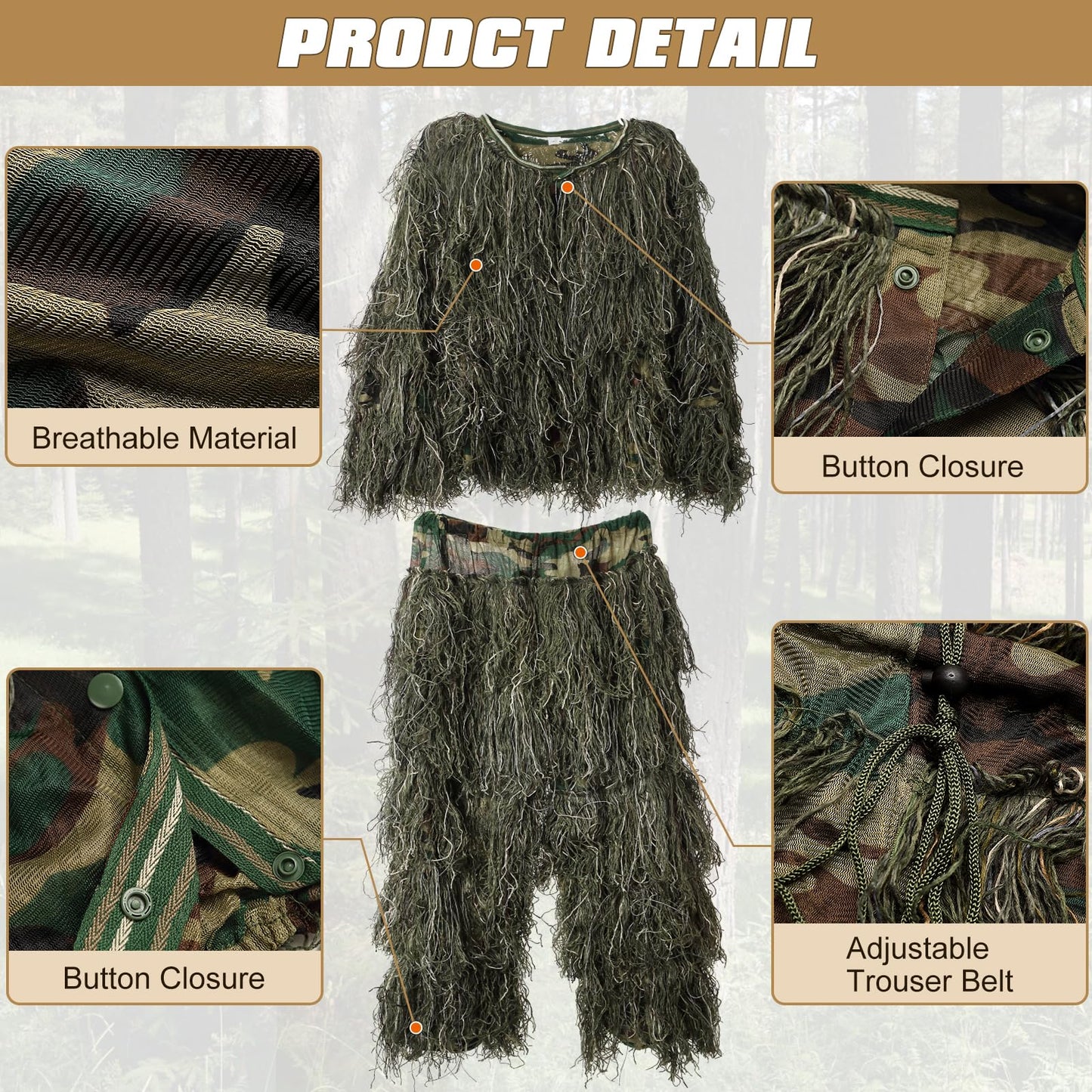 Ghillie Suit for Men, 5 in 1 Ghillie Suit Superior Camo Hunting Clothes for Kids/Youth Hunters, Military, Sniper Airsoft and Paintball