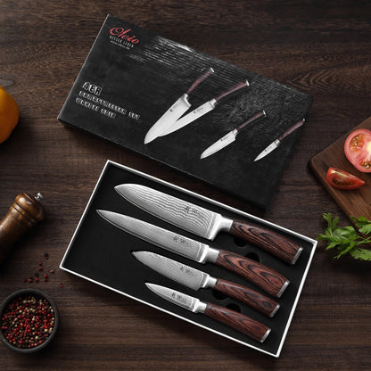 Wakoli Damascus Kitchen Knife Set, 4 Pieces Professional Chef Knife Set made from 67 Layers of Damascus Steel with VG10 Core, Knives Set for Kitchen with Pakkawood Handles in Gift Box (EDIB 4-pcs)