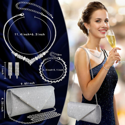 4Pcs Silver Clutch Bag Jewelry Set For Women Rhinestone Shiny Evening Purse Handbag Clutches Purses For Wedding Party Gift (Elegant Style)