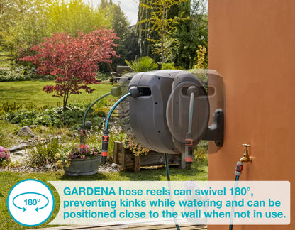 GARDENA (08055) Retractable Garden Hose Reel 100' ft, Wall Mounted, Automatic Retraction & Length Lock for Easy Watering. Heavy Duty Swivel Bracket 180°, Includes Nozzle.