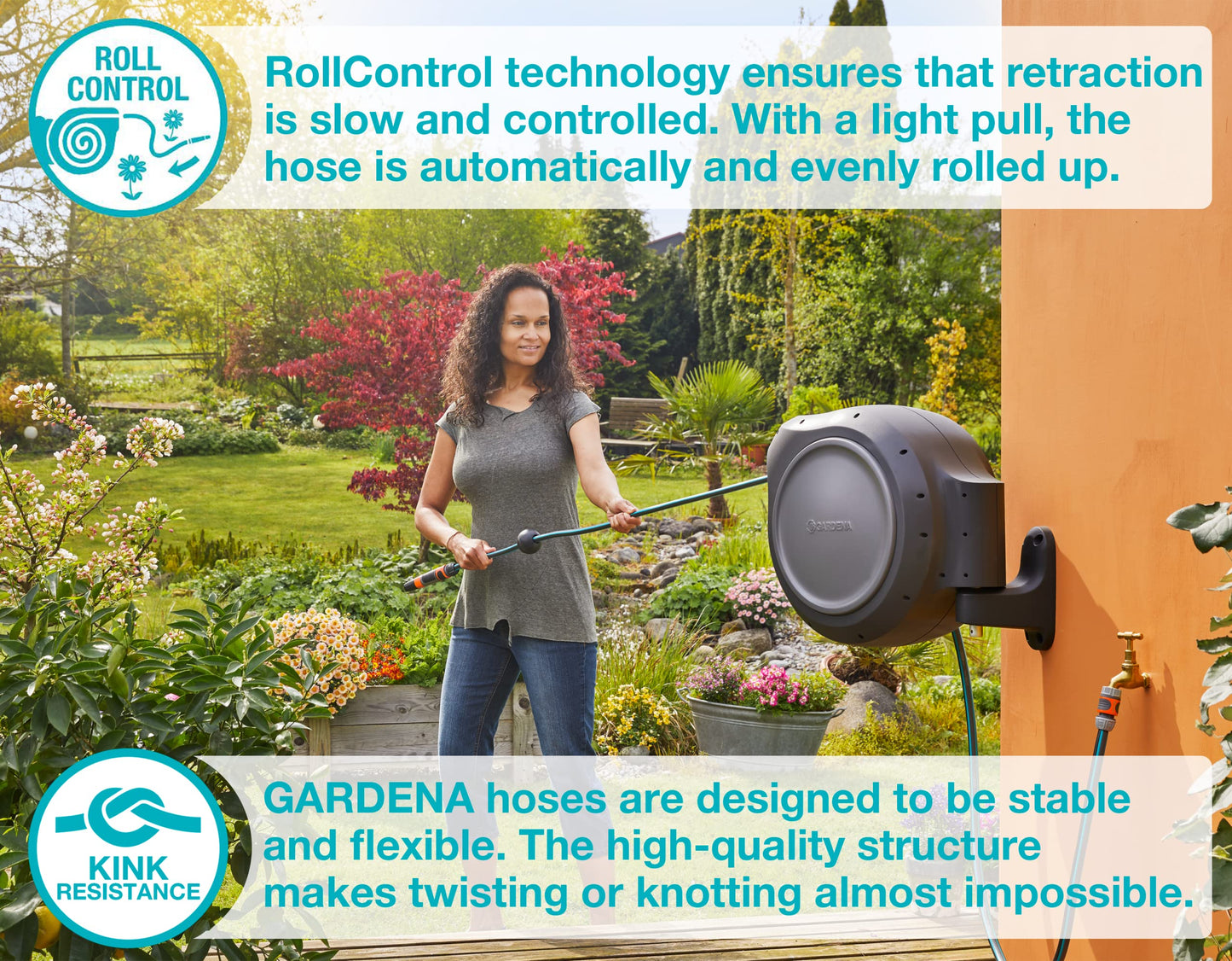 GARDENA (08055) Retractable Garden Hose Reel 100' ft, Wall Mounted, Automatic Retraction & Length Lock for Easy Watering. Heavy Duty Swivel Bracket 180°, Includes Nozzle.