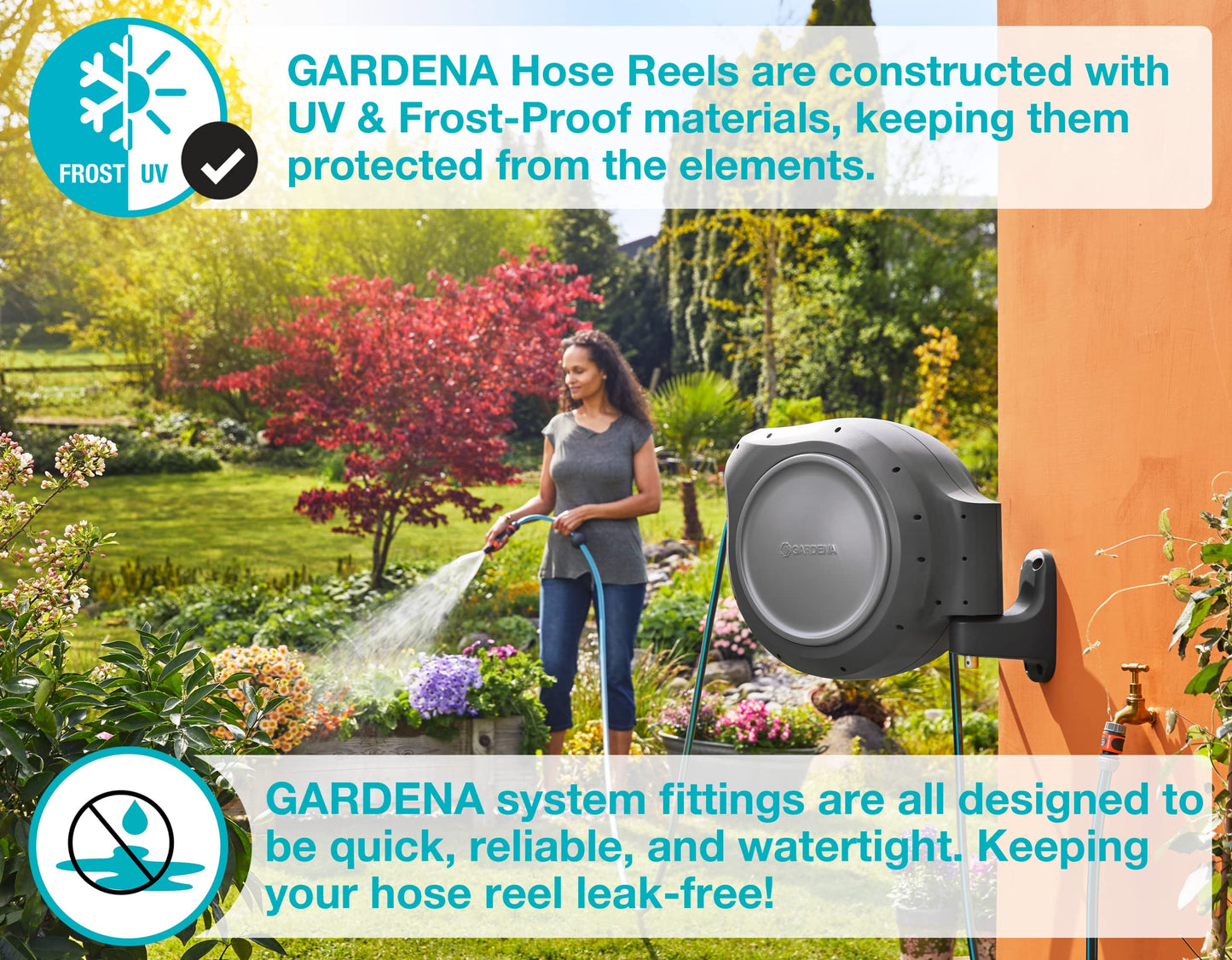 GARDENA (08055) Retractable Garden Hose Reel 100' ft, Wall Mounted, Automatic Retraction & Length Lock for Easy Watering. Heavy Duty Swivel Bracket 180°, Includes Nozzle.