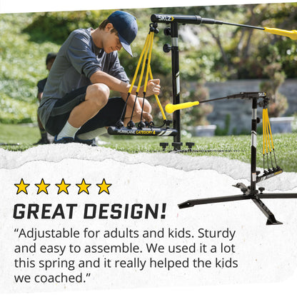 SKLZ Hurricane Batting Swing Trainer for Baseball & Softball - Durable Swing Arm - 4 Power Band System - High-Visibility, Anti-Dent Target Ball Head - Screw-in Base Legs, Metal Stakes & Carry Bag