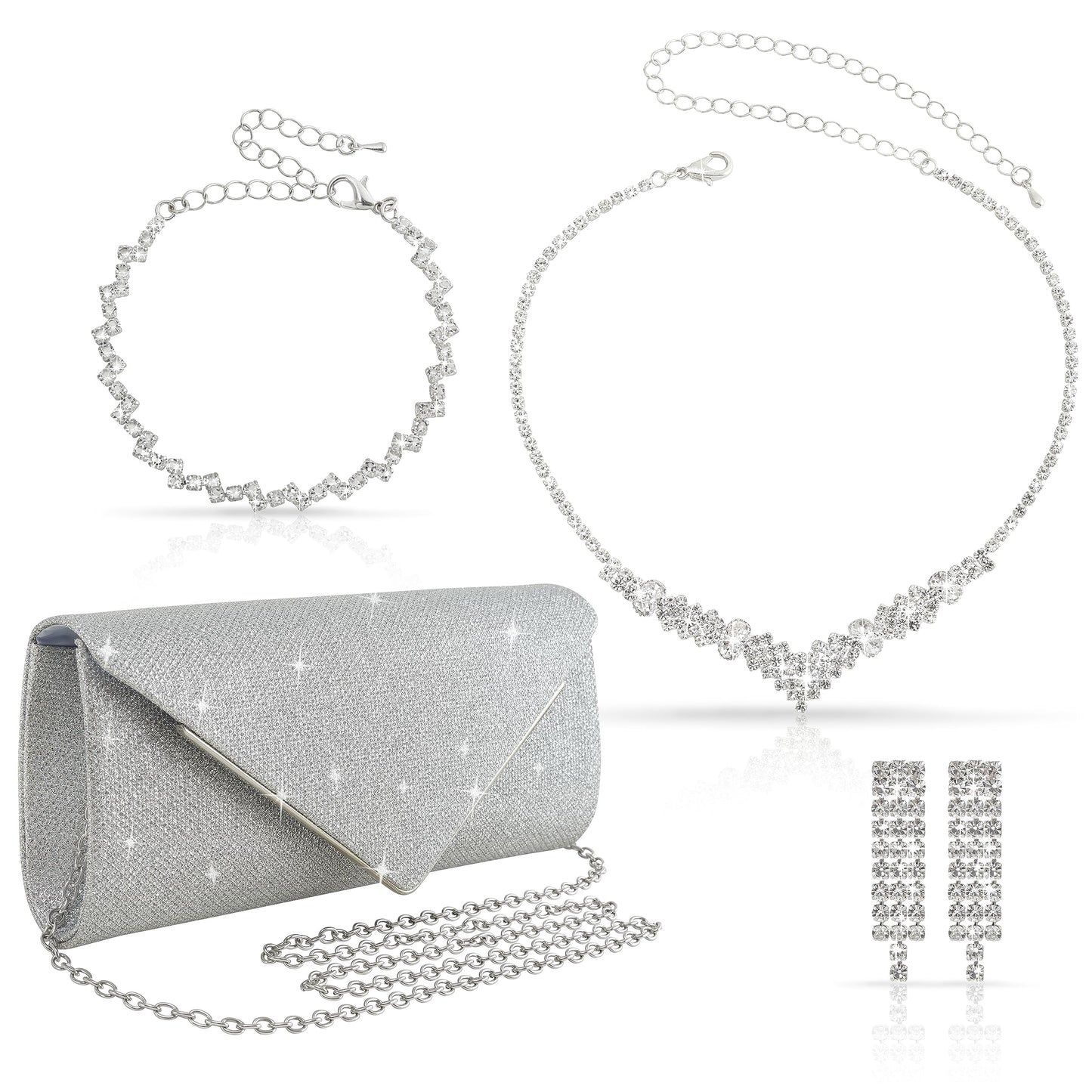 4Pcs Silver Clutch Bag Jewelry Set For Women Rhinestone Shiny Evening Purse Handbag Clutches Purses For Wedding Party Gift (Elegant Style)