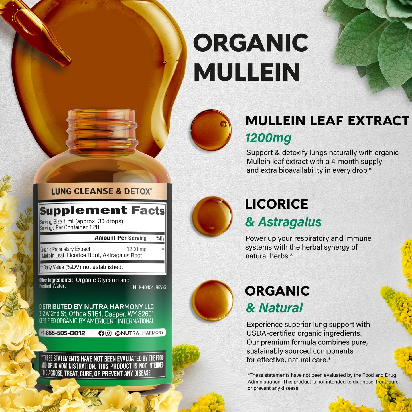 Mullein Drops for Lungs - USDA Organic Liquid - Mullein Leaf Extract Supplement - Made in USA - Lung & Bronchial Cleanse for Smokers - Respiratory Health Support - As Tincture, Tea, Pills - 4 fl oz