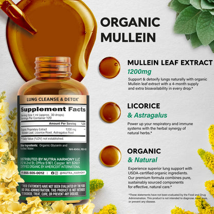 Mullein Drops for Lungs - USDA Organic Liquid - Mullein Leaf Extract Supplement - Made in USA - Lung & Bronchial Cleanse for Smokers - Respiratory Health Support - As Tincture, Tea, Pills - 4 fl oz