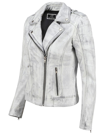 Jild Biker Style Vintage Leather Jacket Women - Casual Fashion Motorcycle Zip-Up Lightweight Coat Collar Women Leather Jacket (White-S)