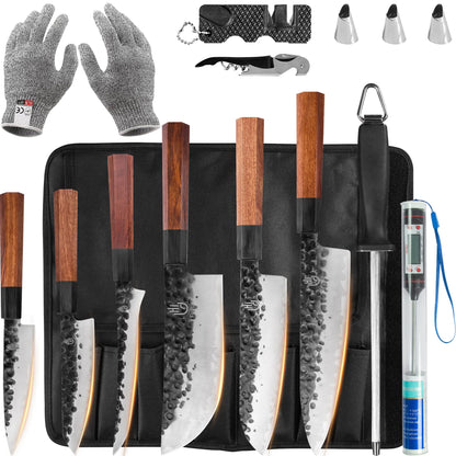 FULLHI 12pcs Japanese Gyuto Chef Knife set Professional Hand Forged Kitchen Chef Knife, 3 Layers 9CR18MOV High Carbon Meat Sushi Knife Rosewood Handle with knife bag