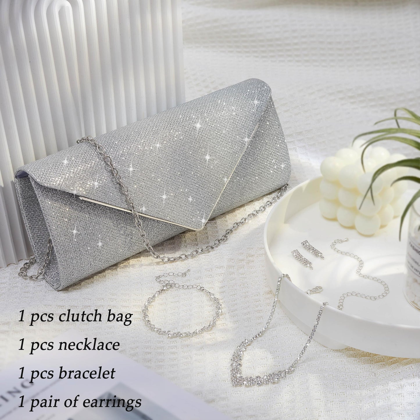 4Pcs Silver Clutch Bag Jewelry Set For Women Rhinestone Shiny Evening Purse Handbag Clutches Purses For Wedding Party Gift (Elegant Style)