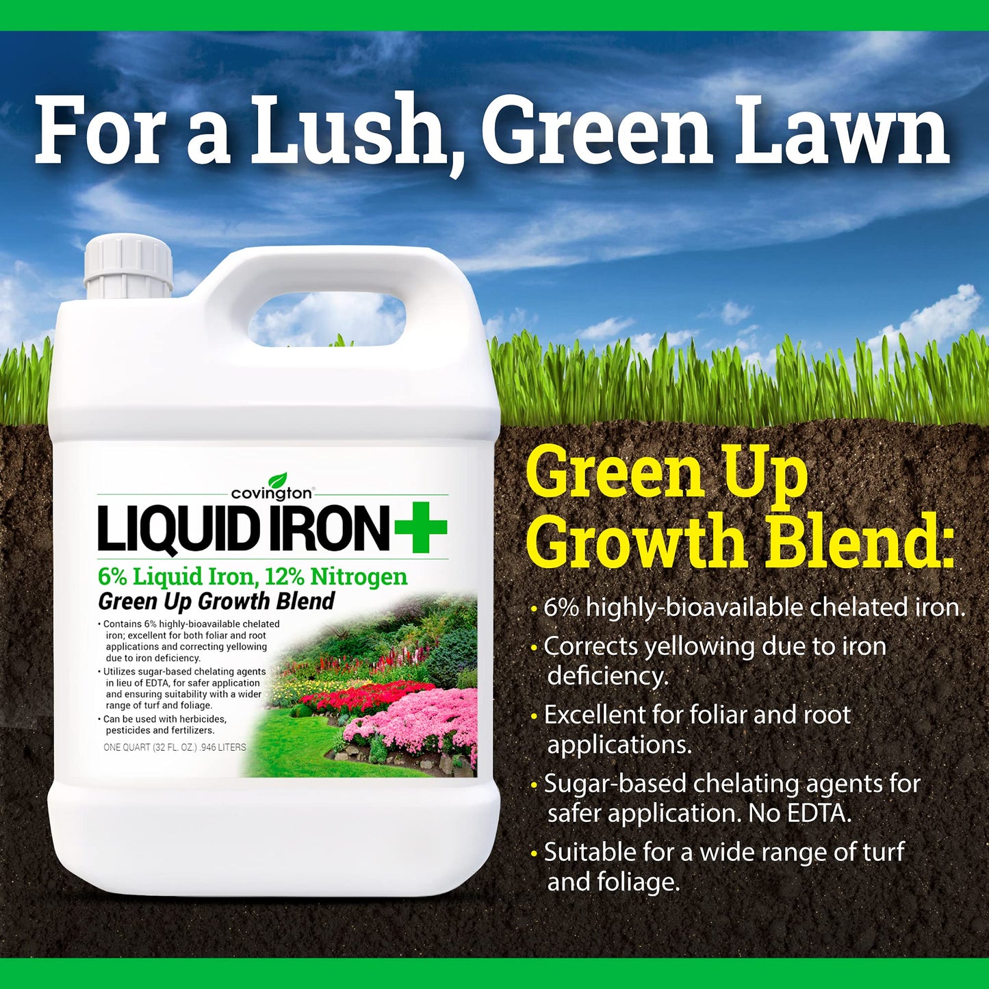 Chelated Liquid Iron +Plus Concentrate Blend, Liquid Iron for Lawns, Plants, Shrubs, and Trees Stunted or Growth and Discoloration Issues – Solve Iron Deficiency and Root Problems – (32 oz.) USA Made