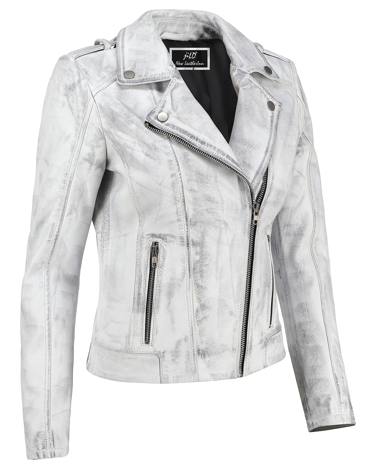 Jild Biker Style Vintage Leather Jacket Women - Casual Fashion Motorcycle Zip-Up Lightweight Coat Collar Women Leather Jacket (White-S)