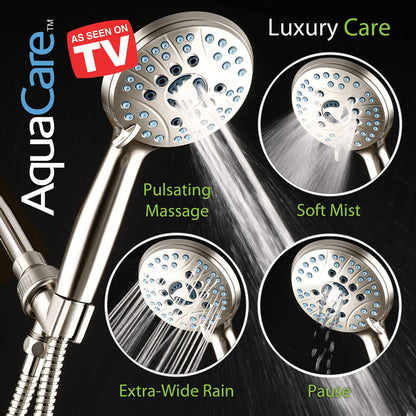 AquaCare High Pressure 8-mode Handheld Shower Head - Anti-clog Nozzles, Built-in Power Wash to Clean Tub, Tile & Pets, Extra Long 6 ft. Stainless Steel Hose, Wall & Overhead Brackets