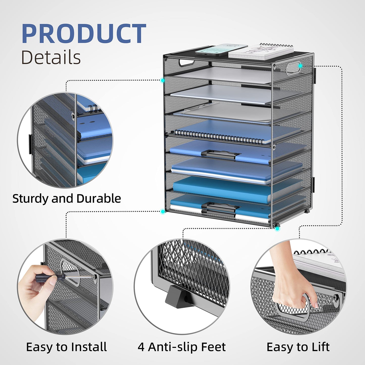 DALTACK 9-Tier Paper Letter Tray Desk Organizer with Handles, Mesh File Holder Organization, Paper Sorter Desk Organizer for Office Home School, Black
