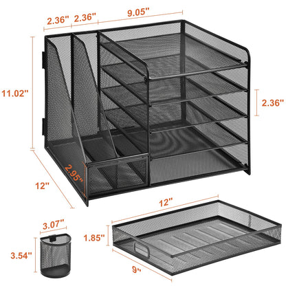 Marbrasse Desk Organizer with File Holder, 5-Tier Paper Letter Tray Organizer with Drawer and 2 Pen Holder, Mesh Desktop Organizer and Storage with Magazine Holder for Office Supplies(Black)