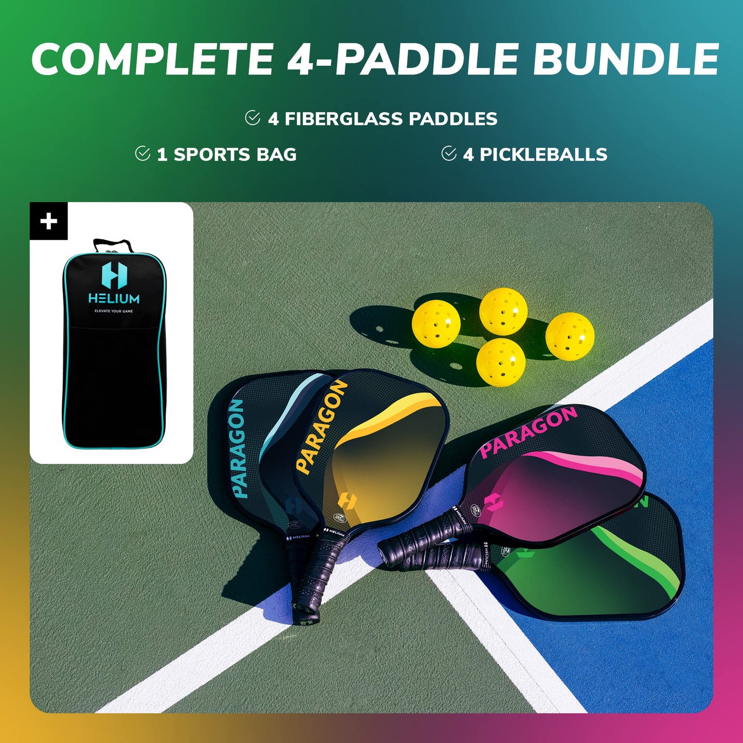 Helium Pickleball Paddles Set of 4 - USAPA Certified - Graphite Fiberglass Surface, Lightweight Honeycomb Core