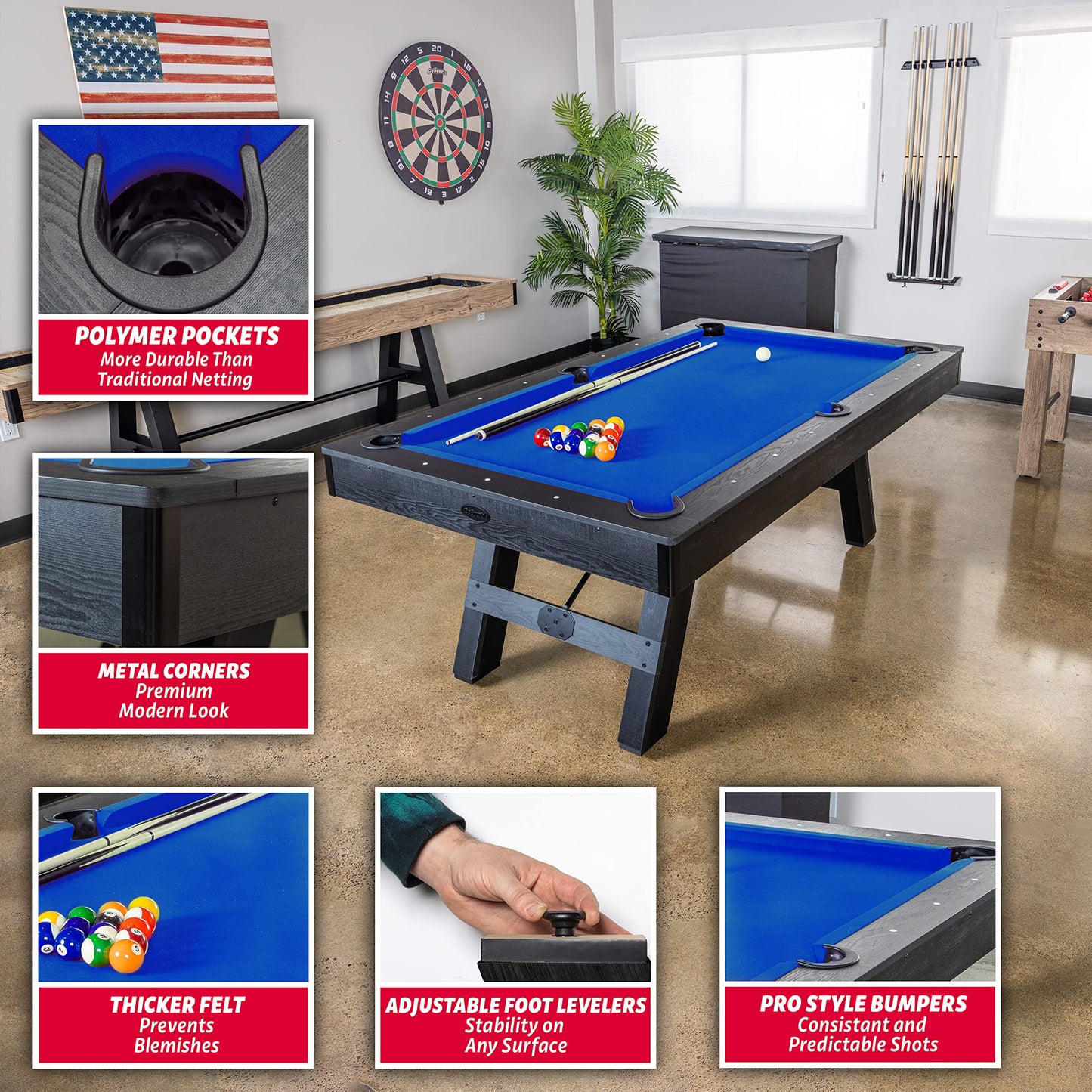 GoSports 7 ft Pool Table with Wood Finish - Modern Billiards Table with 2 Cue Sticks, Balls, Rack, Felt Brush and Chalk - Choose Your Style