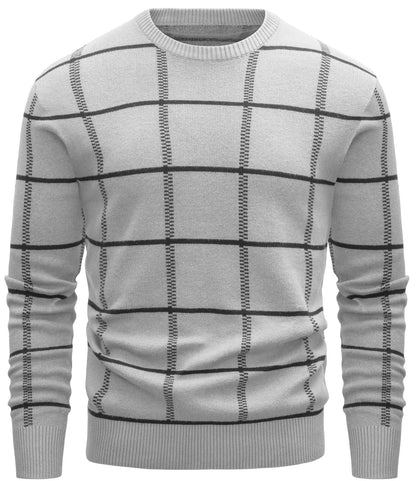 MAGCOMSEN Mens Knit Sweater Cotton Sweaters Long Sleeve Crew Neck Plaid Sweater Pullover Sweaters Casual Fall Clothing Light Grey, L