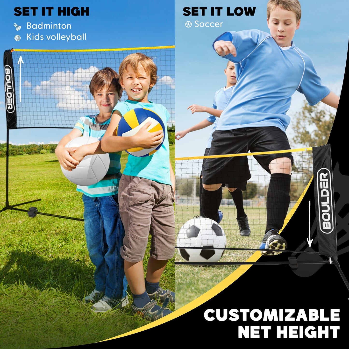 Boulder Badminton Pickleball Net - Height Adjustable Portable Net for Kids Volleyball, Junior Tennis and Backyard Games - Easy Setup Outdoor or Indoor Sports Net with Poles (17ft Black/Yellow)