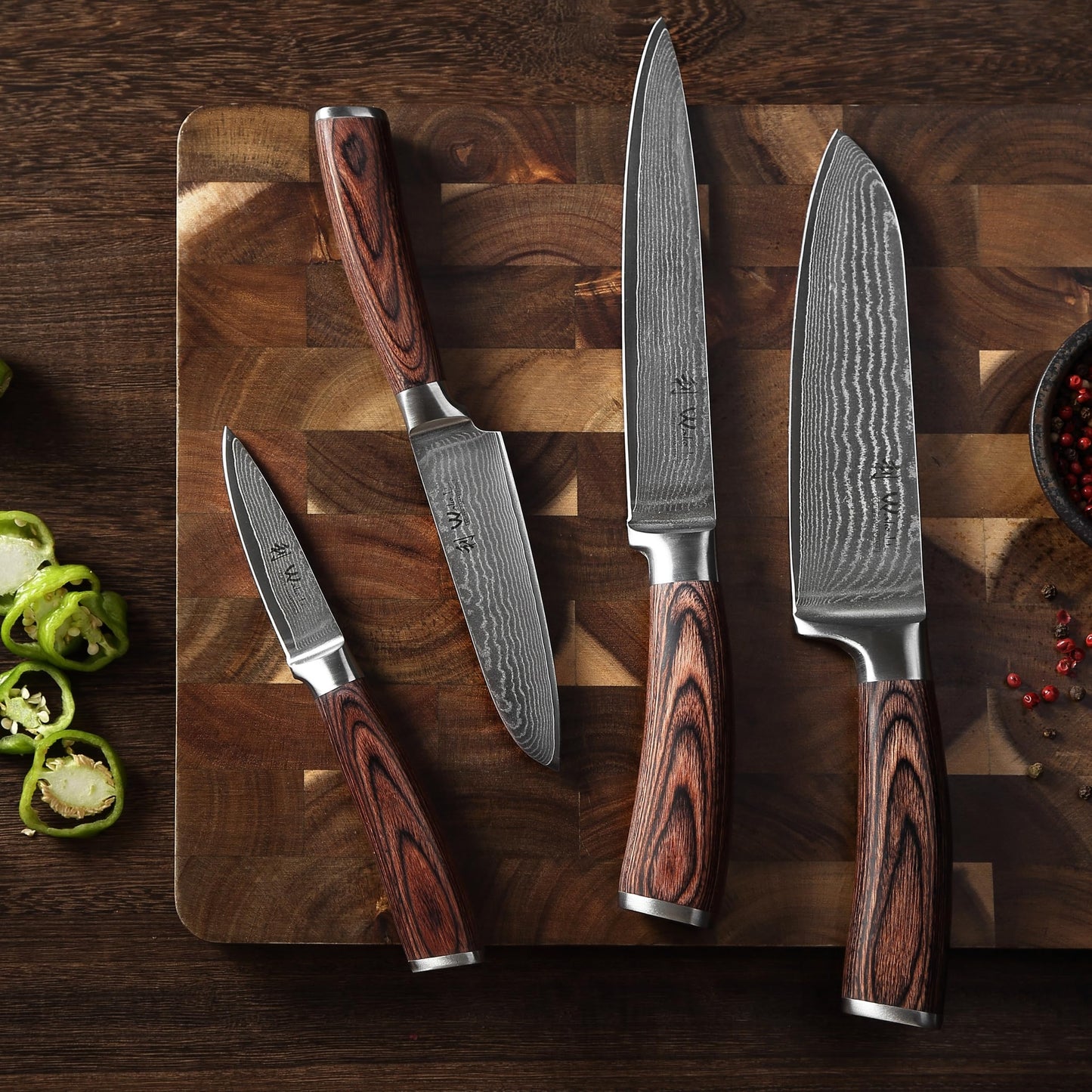 Wakoli Damascus Kitchen Knife Set, 4 Pieces Professional Chef Knife Set made from 67 Layers of Damascus Steel with VG10 Core, Knives Set for Kitchen with Pakkawood Handles in Gift Box (EDIB 4-pcs)