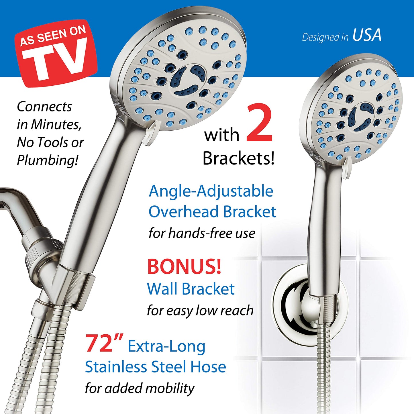 AquaCare High Pressure 8-mode Handheld Shower Head - Anti-clog Nozzles, Built-in Power Wash to Clean Tub, Tile & Pets, Extra Long 6 ft. Stainless Steel Hose, Wall & Overhead Brackets