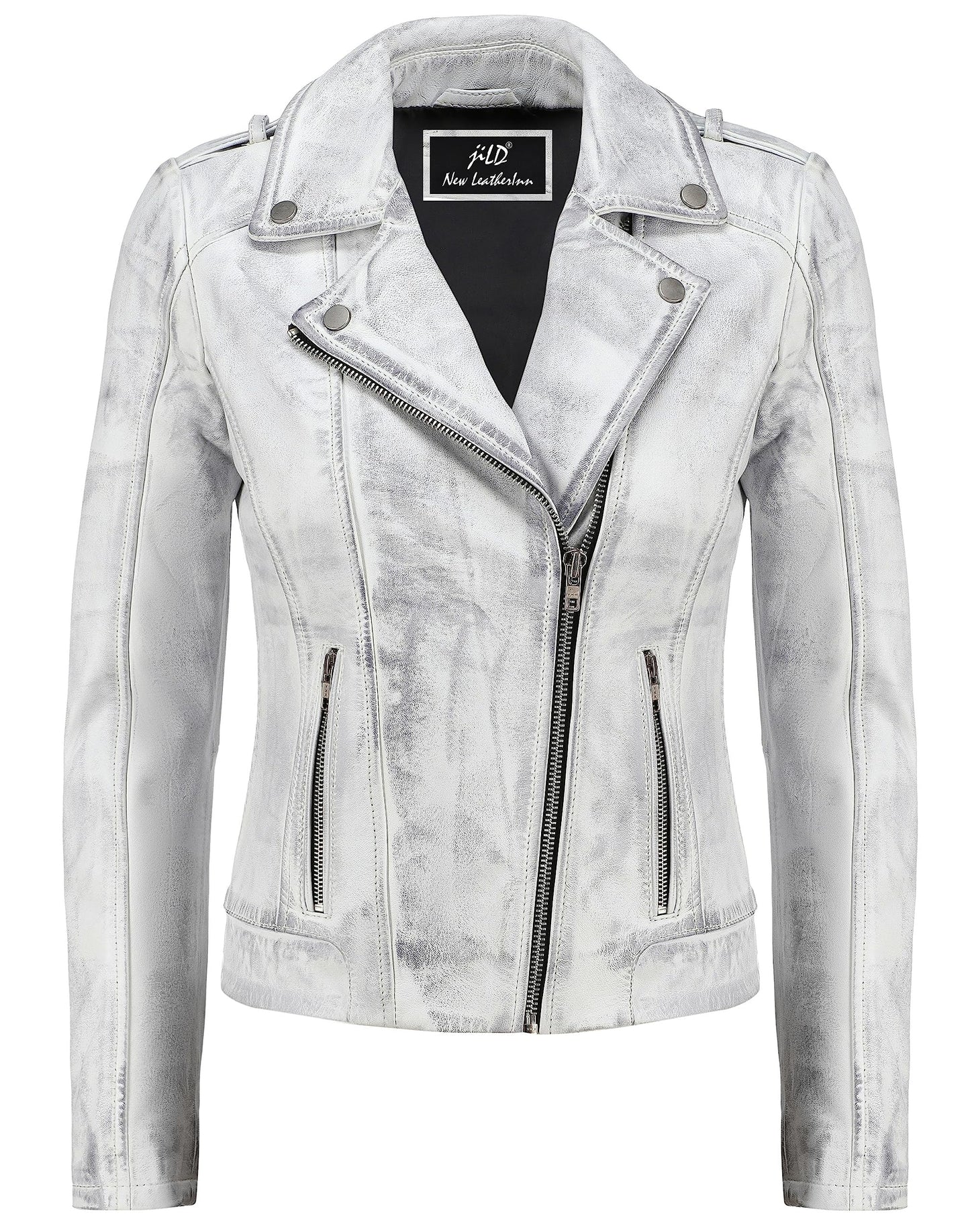 Jild Biker Style Vintage Leather Jacket Women - Casual Fashion Motorcycle Zip-Up Lightweight Coat Collar Women Leather Jacket (White-S)