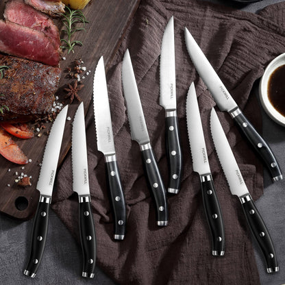 PICKWILL Steak Knives Set of 8, Serrated Classic Steak Knife Set, High Carbon Stainless Steel Kitchen Steak Knives with Full Tang Handle, 4.5 Inch Dinner Knives with Gift Box, Black