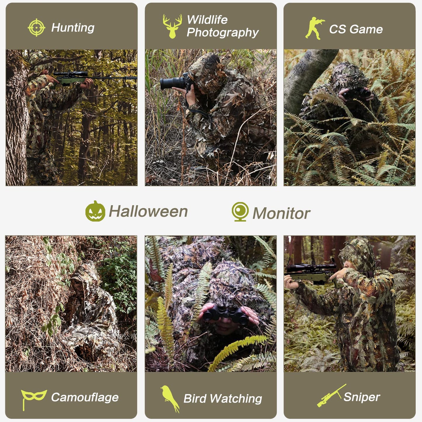 MOPHOTO Ghillie Suit 3D Leafy Camo Hunting Suits, Woodland Gilly Suits Gillies Suits for Men, Leaf Camouflage Hunting Suits