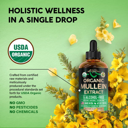 Mullein Drops for Lungs - USDA Organic Liquid - Mullein Leaf Extract Supplement - Made in USA - Lung & Bronchial Cleanse for Smokers - Respiratory Health Support - As Tincture, Tea, Pills - 4 fl oz