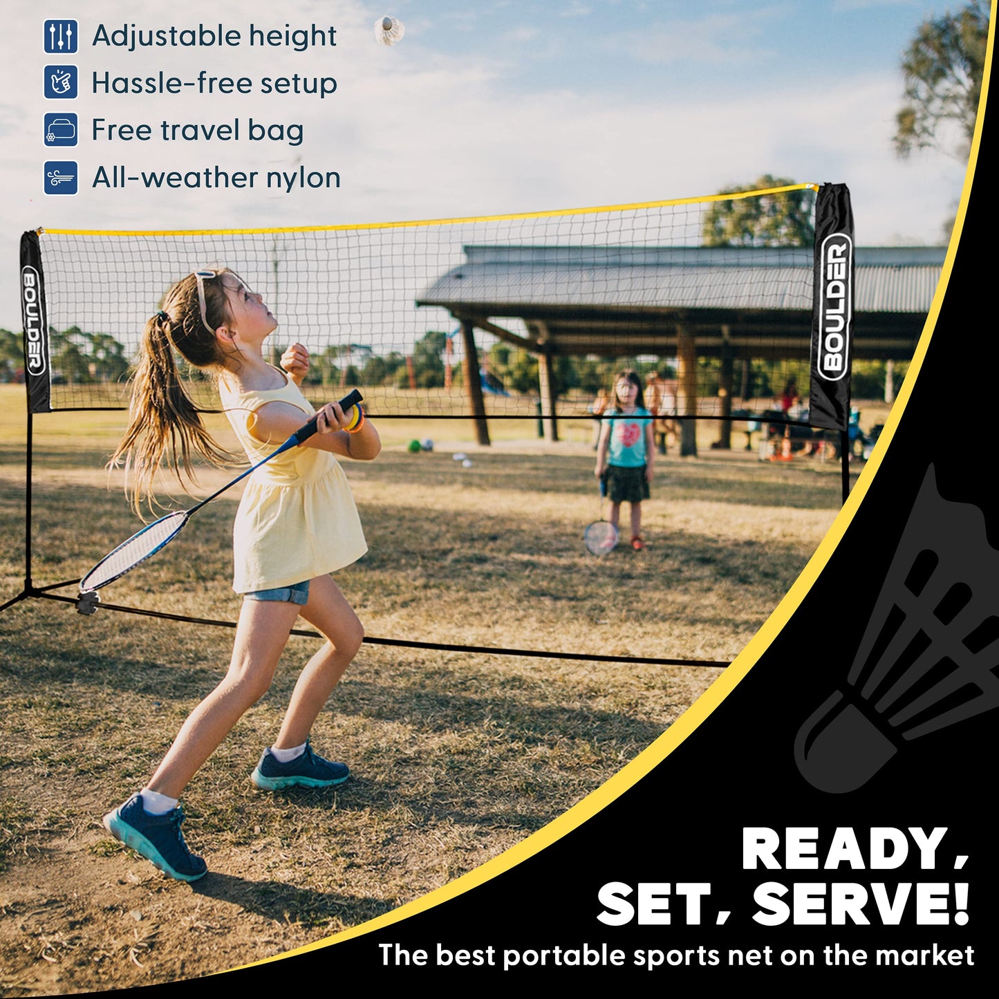 Boulder Badminton Pickleball Net - Height Adjustable Portable Net for Kids Volleyball, Junior Tennis and Backyard Games - Easy Setup Outdoor or Indoor Sports Net with Poles (17ft Black/Yellow)